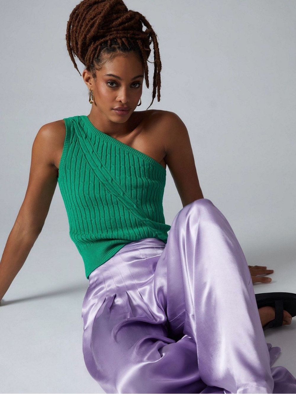 Maeve Anthropologie Emerald One-Shoulder Ribbed Cable Knit Tank